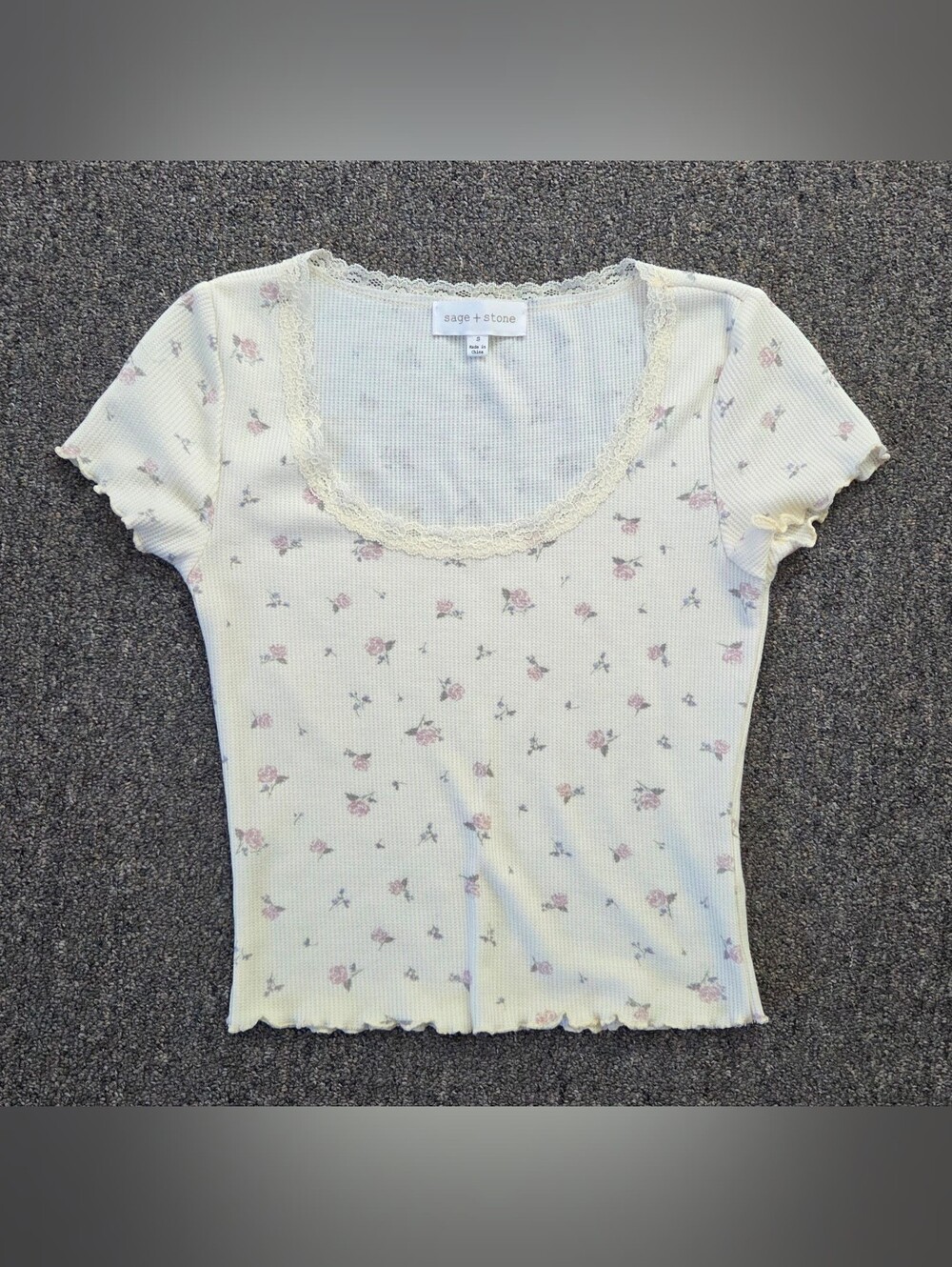 Sage + Stone Floral Waffle Knit Baby Tee Lace Trim Scoop Neck S